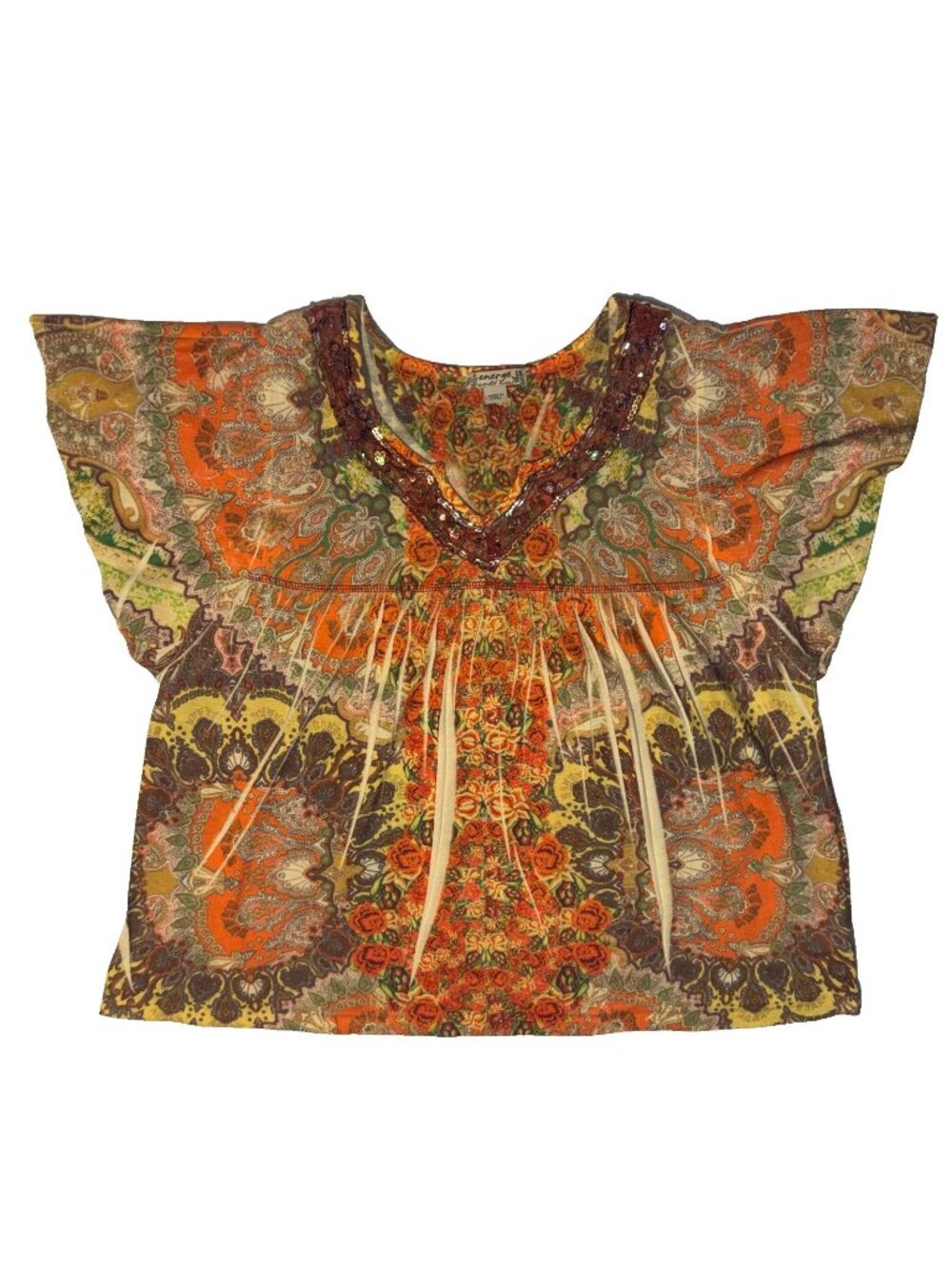 Energe World Wear Orange blossom Top 1X Boho Paisley Floral Sequin Lace Collar